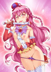 absurdres ahoge bare_shoulders braid breasts censored dildo elbow_gloves fingerless_gloves flower gloves hat heart heart-shaped_pupils highres licking long_hair nipples original panties panty_pull pink_eyes pink_hair purple_panties pussy pussy_juice rose rose_earrings saliva smile symbol-shaped_pupils thighhighs tied_hair tongue tongue_out twin_braids underwear undressing very_long_hair vycma