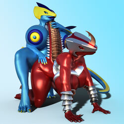 3d android anthro blue_skin cyber_dragon dickgirl dragon female footwear high_heels idsaybucketsofart intersex latex_skin leviathan-29 machine red_skin reptile robot salamander-14 scalie shoes