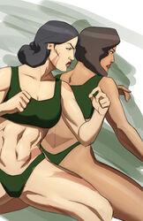 2girls 5_fingers arms_up athletic avatar_the_last_airbender bare_shoulders bra cleavage clothing color colored earth_kingdom eyelashes facial_scar female female_only fit fit_female green_bra green_eyes green_thong grey_hair hair hands_up human human_only light-skinned_female light_skin lin_bei_fong lips long_hair medium_breasts midriff multiple_females multiple_girls muscle muscles muscular muscular_female naavs navel nickelodeon open_eyes panties parted_lips plain_background scar scars sisters smooth_skin sports_bra standing stomach suyin_bei_fong tan tan_skin teeth the_legend_of_korra thong toned toned_female underwear