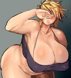 1girls armpits ass bent_over blonde_hair bottomless breasts chubby cleavage covering_eyes female gen'en_(sioherashi) huge_ass huge_breasts leaning_forward milf overweight overweight_female parted_lips plump short_hair sketch solo source_request standing thick_thighs wide_hips