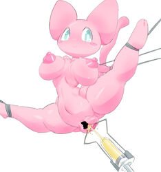 bar_censor big_breasts blue_eyes bound breasts censored fur legendary_pokemon looking_at_viewer mew navel nintendo nipples pink_fur pokemon pokemon_(species) pussy shii spread_legs vaginal_penetration video_games りーくた