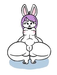 anthro bedroom_eyes breasts crouching cupcake_(oriole) female hair half-closed_eyes lagomorph looking_at_viewer lying mammal nipples nude on_back oriole_(artist) purple_hair pussy rabbit seductive simple_background small_breasts smile solo thick_thighs white_background