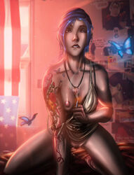 blue_eyes blue_hair bottomless breasts chloe_price female life_is_strange necklace nipples one_breast_out pubic_hair short_hair smoking tattoo ultamisia