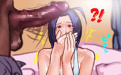 blue_hair censored dark-skinned_male dark_skin draghignazzo idolmaster interracial male miura_azusa penis_awe red_eyes