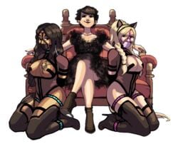 3girls arms_behind_back blonde_hair bondage boots brunette collar female female_only femdom femsub fff gag heartgear lezdom lezsub multiple_girls multiple_subs throne yuri