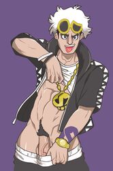 1boy abs adult adult_male big_penis bulge dick_root exposing_self gold_chain gold_jewelry gold_watch guzma_(pokemon) jacket male male_focus male_only male_pubic_hair muscle nintendo pants_down penis penis_peek pokemon pokemon_sm pokemon_usm pubic_hair pulling_down_pants pulling_up_shirt purple_background shirt_lift solo team_skull tongue tongue_out tongue_piercing undressing veins veiny_penis white_hair