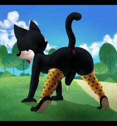 1boy 2016 all_fours anthro anus ass backsack balls black_fur blush clothing cum cute_fangs dreamworks dripping feline felix_the_cat felix_the_cat_(series) fur half-closed_eyes leggings legwear looking_back male male_only mammal manene open_mouth outside penis presenting solo tongue tongue_out tree universal_studios white_fur