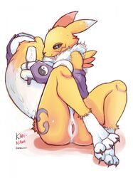 2017 anthro anus areola armwear ass big_breasts black_sclera blue_eyes blush breasts bridal_gauntlets brush brushing canine claws clitoris clothing damn_lasso_tool digimon english_text female fox fur looking_at_viewer mammal mostly_nude nipples pink_nipples pussy renamon signature smile solo text toe_claws tuft white_fur yellow_fur