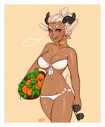 animal_ears basket bikini caprine choker dark-skinned_female dark_skin female fruit glasses horns mammal nox_(character) nsfwnox oranges solo sweat