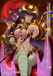 bandage bare_shoulders blue_eyes blunt_bangs blush breasts cleavage cobra crown dark-skinned_female dark_skin egyptian female gold jewelry kenkou_cross large_breasts legs_crossed long_hair looking_at_viewer lots_of_jewelry monster_girl monster_girl_encyclopedia nail_polish necktie open_mouth parted_lips pharaoh pharaoh_(monster_girl_encyclopedia) pointing pointing_at_viewer purple_hair purple_polish red_eyes sharp_nails sitting smile snake solo staff thigh-highs thighs translation_request undead