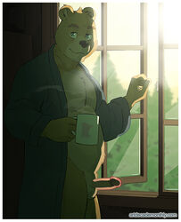 artdecade bear beverage cabin clothing coffee cup male male_only mammal robe sun tree window