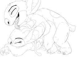 all_fours angel_(lilo_and_stitch) disney doggy_style experiment_(species) female from_behind_position licking lilo_and_stitch line_art male monochrome pussy_juice saliva sex stitch straight tongue tongue_out torinsangel