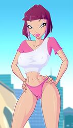 1girls belly breasts cameltoe covered_breasts covered_nipples erect_nipples eyeshadow female female_only hips hourglass_figure jenny_(winx_club) large_breasts legs lipstick makeup midriff multicolored_hair navel nipple_bulge nipples panties pink_hair pink_panties purple_hair rainbow_(animation_studio) short_hair smile solo sondra_(winx_club) thighs two_tone_hair winx_club zfive