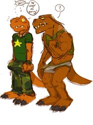 2017 2boys ? anthro anthro_on_anthro anthro_only blush bulge camo caught clothed clothing dinosaur dj_mixer_(character) english_text erection father father_and_son green_shirt male male_only no_humans orf parent penis penis_tip scalie simple_background son speech_bubble text underwear white_background