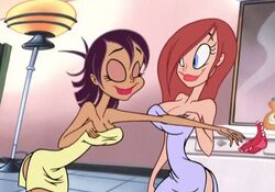 2girls bathroom black_hair cleavage dark-skinned_female dark_skin joanie nude panties red_hair ren_and_stimpy ren_and_stimpy_"adult_party_cartoon" screencap smile soap_girl stripping towels underwear