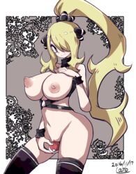 1girls 2016 alternate_hairstyle areolae black_legwear black_thighhighs blonde_hair breasts clothing crotch_rub cynthia_(pokemon) dated female hair_over_one_eye high_ponytail human human_only lamb-oic029 long_hair looking_at_viewer nintendo nipples pokemon pokemon_dppt ponytail pussy pussy_juice smile solo spread_legs standing strap text thighhighs tied_hair wet wide_hips