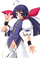 ahoge baggy_pants blush chinese_clothes fatal_fury female garou:_mark_of_the_wolves haga_yui hair_ornament hair_ribbon hotaru_futaba long_hair looking_at_viewer puffy_short_sleeves puffy_sleeves purple_eyes purple_hair pussy ribbon short_sleeves smile solo source_request sweatband tied_hair twintails uncensored wardrobe_malfunction