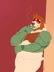 2018 3:4 anthro bear beard belly big_belly brown_beard brown_body brown_facial_hair brown_fur brown_hair chocolateandmilk cigarette dated facial_hair flaccid fur genitals hair hi_res holding_cigarette holding_object male mammal moobs narrowed_eyes nude overweight overweight_anthro overweight_male penis pubes short_hair signature simple_background smoke smoking solo standing white_body white_fur white_penis white_pubes