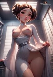 a_new_hope ai_generated below_view blush blush_lines breasts breasts_out brown_eyes brown_hair curvaceous curvy curvy_body curvy_figure dramatic_lighting dress dress_lift dress_pull dynamic_angle exposed_breasts exposed_pussy flashing flashing_breasts flashing_pussy hair_bun hair_buns hairbuns horny horny_female hourglass_figure inviting inviting_to_sex jaajaai legs_crossed legs_together lifting_dress lifting_own_clothes lifting_skirt looking_at_viewer lucasfilm medium_breasts naughty no_panties no_underwear open_dress open_topwear perky_breasts princess_leia_organa pussy pussy_lips showing_off showing_pussy slim_waist small_waist star_wars submissive submissive_female tagme teasing teasing_viewer thin_waist twin_buns vagina waist_belt white_dress