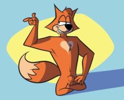 animal_genitalia anthro armpits balls canine crossed_legs fox grin heart humongous_entertainment ladysomnambule male_only mammal nude pointing red_fox sheath sitting smile spy_fox spy_fox_(series)