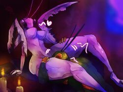 antennae_(anatomy) anthro arthropod breasts candle cunnilingus dominant dominant_female duo female hand_on_leg hand_on_thigh happy heart_symbol hi_res insects leaning leaning_backward male male/female mantis mantis_arms multi_arm multi_limb nude oral sex simple_background sitting squish ssleepyflowers thigh_crush thigh_squish vaginal_penetration worship