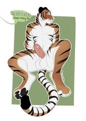 absurd_res anthro blush embarrassed english_text erection exposed feet felid genitals glans good_kitty hi_res humanoid_genitalia humanoid_penis looking_away male mammal muscular muscular_male nude pantherine pawpads paws penis pet_praise pinup pivoted_ears pose praise ronto_(germfreak) shy smile smutzkii solo speech_bubble spread_legs spreading tail text tiger