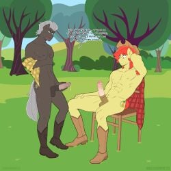 1:1 2022 animal_genitalia animal_penis anthro armpit_hair balls bodily_fluids body_hair boots bright_mac_(mlp) burnt_oak_(mlp) chair clothed clothing cowboy_boots cowboy_hat dialogue duo earth_pony english_text equid equine equine_genitalia equine_penis erection flannel_shirt footwear friendship_is_magic furniture genital_fluids genitals hasbro hat headgear headwear hi_res horse male male/male mammal medial_ring muscular muscular_male my_little_pony open_clothing open_shirt open_topwear penis plant pony precum remake saliva shallowwin shirt shoes sitting sweat sweatdrop text topwear tree