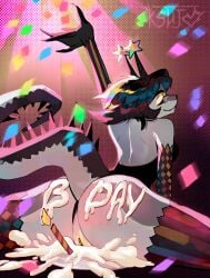 abstract_background absurd_res anthro ass big_butt birthday birthday_cake birthday_candle black_clothing black_eyes black_hair blonde_hair bodysuit cake candle circus clothed clothing confetti covering cream_(food) cream_pie_(food) dessert dirty dragon eyelashes female food food_fetish food_on_butt food_play genitals grey_body hair hi_res ksujo legwear looking_at_viewer messy multicolored_hair mythological_creature mythological_scalie mythology pastry performance pie pie_(food) pied plate scalie sitting skinsuit solo spiked_tail spikes spikes_(anatomy) split_hair stockings tail tight_clothing topwear vulva yellow_vulva