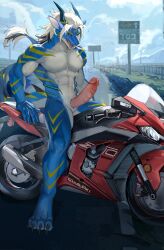 2024 2_horns 4_toes absurd_res alternate_version_at_source anthro ausen black_sclera blue_body blue_eyes blue_scales claws clothing cloud dragon engine erection feet gay gay_male genitals gloves hair handwear hi_res homosexual homosexual_male horn long_hair male male/male male_only male_penetrating motorcycle mountain multicolored_body multicolored_scales muscular muscular_anthro muscular_male mythological_creature mythological_scalie mythology nude on_motorcycle outside penis re_baiz road road_sign scales scalie sky solo striped_body striped_scales stripes tail tail_spines tail_tuft toe_claws toes tuft utility_pole vehicle watermark white_body white_hair white_scales yellow_stripes