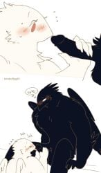 anthro artist_name athletic avian black_body black_feathers blush bodily_fluids closed_eyes digital_drawing_(artwork) digital_media_(artwork) duo english_text eyelashes feathers femboy gay gay_anal gay_male gay_sex genitals hi_res holding_penis homosexual homosexual_male homosexual_sex humanoid_genitalia humanoid_penis inner_monologue kneeling_oral_position licking licking_tip long_eyelashes looking_at_another looking_at_partner looking_down looking_down_at_partner lovebuffpg45 male male/ambiguous male/male male_only male_penetrated male_penetrating male_penetrating_male onomatopoeia penis red_eyes sequence side_view simple_background sitting sound_effects sweat sweat_emanata text thinking thought_bubble three-quarter_view tongue white_background white_body white_feathers wings