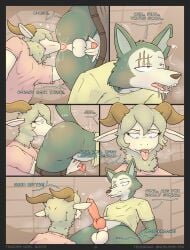 absurd_res anal animal_genitalia animal_penis anthro anthro_on_anthro anus ass backsack balls beastars bent_over big_butt black_border blush bodily_fluids border bottomwear bottomwear_down bovid canid canine canine_genitalia canine_penis canis caprine clothed clothing comic dall_sheep dialogue digital_media_(artwork) duo english_text facial_scar fur genital_fluids genitals hair heart_symbol hi_res horn interspecies knot knotted_penis legoshi_(beastars) licking male male/male mammal masturbation musk nose_to_anus open_mouth oral pants pants_down partially_clothed penis perineum pina_(beastars) predator/prey rimming saliva saliva_on_anus saliva_string scar sex sheep shirt simple_background smile sweat sweaty_butt tail tenides text tongue tongue_out topwear wolf