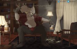 2023 alcohol anthro beverage black_body black_hair bookshelf bottomwear bulge chair che'doro_(ur_irrelephant) cigar clock clothed clothing container cup dreadlocks drinking_glass ear_piercing ear_ring elephant elephantid english_text facial_piercing footwear furniture gay gay_male glass glass_container glass_cup gold_(metal) gold_jewelry gold_piercing grey_body hair hi_res holding_beverage holding_object homosexual homosexual_male inside jewelry kintsugi_(art) lamp male male/male male_anthro male_only male_penetrating mammal money musclegut muscular muscular_anthro muscular_male nando_wolf nose_piercing nose_ring nude nude_anthro nude_male open_bottomwear open_clothing open_pants open_shirt open_topwear overweight overweight_anthro overweight_male pants piercing proboscidean proboscis_(anatomy) profanity ring ring_piercing shirt shoes sitting smoking smoking_cigar solo spread_legs spreading text topwear trunk_(anatomy) tusks watch whiskey whiskey_glass wristwatch