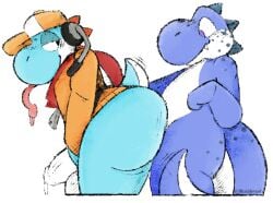anal anthro ass balls big_balls big_penis bloshi blurpleyosh bottomless clothed clothing cyan_yoshi duo electronics foreskin freckled_butt freckled_face freckled_shoulders freckled_tail freckles genitals hat headgear headphones headset headwear humanoid_genitalia humanoid_penis looking_at_another looking_at_partner looking_back male male/male mario_bros motion_lines nintendo penis sex standing standing_sex tail yoshi yoshi_(food_slinger)