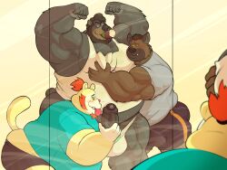 4:3 absurd_res adrawingburr agent_rk anthro balls bear beard big_balls big_penis black_body bodily_fluids cigar dusk_acres facial_hair genitals group gym hi_res hyena hypnosis leo_(leothelionel) male male/male mammal mind_control mirror mirror_reflection musclegut muscular overweight overweight_male penis reflection smoke smoking spotted_hyena steve_jovonovich sweat trio