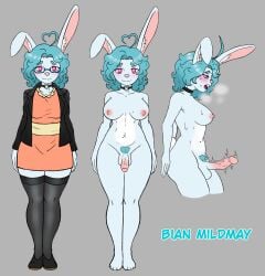 1girls ahoge animal_ear_fluff anthro beauty_mark bian_(kaisorain) blue_fur blue_hair bunny_ears bunny_girl bunny_tail bunnygirl choker ear_fluff erect_penis erection flaccid flaccid_penis fully_clothed furry furry_female futa_only futanari glasses heart-shaped_ahoge jacket kaisorain medium_breasts naked naked_female nipples oc office_lady orange_dress original original_character pink_eyes pubic_hair reference_sheet stockings thigh_highs