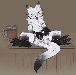 anthro black_body black_fur black_vulva blep blush bodily_fluids body_blush clothed clothing eyelashes ezra_(anunusedaccount) female female_anthro finger_fuck fingering flamespitter fluffy fluffy_tail freckled_ears freckled_face freckled_tail freckles fur fur_markings furniture furred_kobold furred_scalie genital_fluids genitals gradient_fur hi_res inviting_to_sex inviting_viewer kobold looking_at_viewer markings masturbation neck_tuft non-mammal_vulva on_table presenting presenting_vulva pupils scalie simple_background sitting sitting_on_table slit_pupils smile solo spread_legs spread_vulva spreading table tail tankard thick_tail thick_thighs tongue tongue_out tuft upskirt vaginal_fluid_string vaginal_fluids vaginal_masturbation vaginal_penetration vulva vulva_blush white_body white_fur wood yellow_eyes