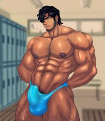 1boy abs bara bard black_hair body_hair bulge crotch facial_hair locker locker_room male_only muscle pecs piercing restrained solo_focus topless toto_(artist) underwear