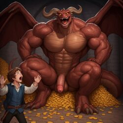 ai_generated anthro big_muscles bilbo_baggins dominant smaug terrified the_hobbit treasure