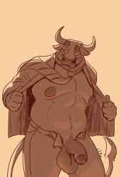 2021 anthro balls belt bottomwear bovid bovine cattle chocolateandmilk clothed clothing dated front_view genitals half-erect hi_res horn humanoid_genitalia humanoid_penis jacket male mammal monochrome moobs muscular muscular_anthro muscular_male narrowed_eyes necktie open_bottomwear open_clothing open_jacket open_pants open_topwear overweight overweight_anthro overweight_male pants penis portrait solo standing tail tail_tuft three-quarter_portrait topwear tuft