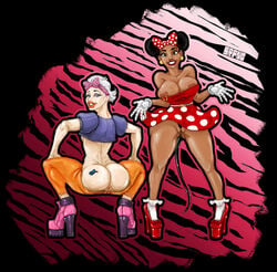 alternate_species big_lips bimbo breasts cleavage crop_top daisy_duck dark-skinned_female dark_skin disney dress duo earrings female female_only footwear full_body gloves high_heels human humanized large_breasts looking_back minnie_mouse nipple_piercing nipple_slip pants_pull piercing pussy red_dress short_dress socks soft_feathers squatting srpng standing tattoo white_hair