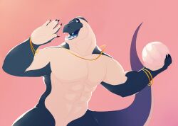 2018 abs anthro ball black_sclera blue_body blue_eyes blue_tail chocolateandmilk dated flaccid front_view genitals glistening glistening_eyes holding_ball holding_object jewelry male male_anthro muscular muscular_anthro muscular_male navel necklace nude open_mouth pecs penis penis_base pink_background scalie signature simple_background solo standing tail teeth volleyball_(ball) white_body white_penis white_tail