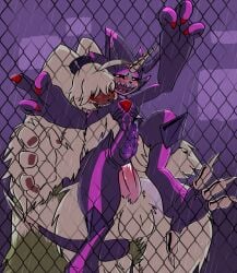 against_fence against_surface ahoge anal angoramon anthro b00b00keys balls bandai_namco bite blush bodily_fluids chain_fence chain_link claws cloacal_penis digimon digimon_(species) duo erection fence fur genital_fluids genitals gulusgammamon hair hair_over_eyes hi_res horn male male/male male_penetrated male_penetrating male_penetrating_male penetration penis precum scalie sex sharp_teeth shoulder_bite teeth yellow_body yellow_fur