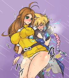 1boy azure_striker_gunvolt bangle beruzumi-m blush bottomless breast_grab breasts brown_hair female green_eyes gunvolt inti_creates large_breasts long_hair multicolored_hair nike_(gunvolt) sex