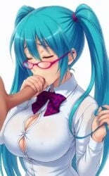 1boy1girl ai_generated animated aqua_eyes aqua_hair bowtie cleavage cute fellatio hair_grab handjob handjob_while_sucking hatsune_miku large_breasts no_sound penis spectacles tagme twintails video vocaloid white_background white_shirt