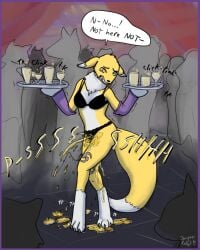 4:5 anthro bandai_namco being_watched bodily_fluids clothing digimon digimon_(species) embarrassed female genital_fluids hi_res humiliation jacquesrabbit looking_at_another omorashi panties peeing peeing_on_ground peeing_on_self public public_humiliation renamon solo underwear urine urine_on_ground urine_on_self urine_pool urine_stream waiter wetting