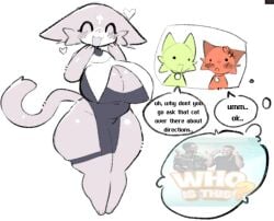 anthro ass big_breasts big_butt breasts collar cross domestic_cat english_text felid feline felis female happy head_accessory male mammal marshmallow_(mewgenics) mewgenics nun_outfit shiyaa_stuff sir_poffus text thick_thighs