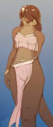 2021 anthro breasts brown_body brown_fur brown_hair brown_nose clothed clothed_anthro clothed_female clothing female fur genitals hair kylie_bevy mammal mustelid navel nipples otter pubes skimpy slate smile solo translucent translucent_clothing vulva windfall_(book)