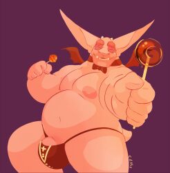2018 belly big_belly big_ears bulge candy chocolateandmilk closed_eyes clothed clothing dated dessert food front_view genitals hi_res holding_candy holding_food holding_object horn humanoid imp male moobs navel nipples not_furry obese obese_humanoid obese_male overweight overweight_humanoid overweight_male penis penis_base pink_body pink_nipples pink_skin purple_background simple_background small_horn smile solo teeth topless vincent_(chocolate-beverage)