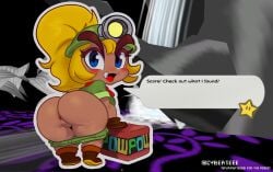 anus armor ass bent_over big_butt blonde_hair blue_eyes blush boots bottomless bottomwear bottomwear_down brown_body butt_focus clothed clothing cybert dark_body dark_skin dialogue english_text eyebrows eyelashes fangs female footwear genitals gloves goomba goombella green_clothing hair handwear headgear helmet humanoid kerchief long_hair looking_at_viewer looking_back looking_back_at_viewer mario_bros nintendo no_underwear open_mouth outline pants pants_down paper_mario partially_clothed plant ponytail pow_block presenting presenting_hindquarters purpbatboi rear_view red_kerchief shirt shoes shortstack shortstack_female signature solo speech_bubble standing star talking_to_viewer tan_body tan_skin teeth text thick_eyebrows thick_thighs tongue topwear video_game_background vulva waterfall wide_hips