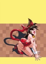 1boy 2000s_(style) :3 :d anal_tail animal_ear_hairband animal_ears bare_shoulders bell black_hair blush brown_background cat_ear_hairband cat_ears cat_tail collar crossdressing crossdressing_(mtf) fake_animal_ears fake_tail fingernails fishnet_pantyhose fishnets from_above full_body hair_between_eyes hairband hands_on_floor high_heels hindenburg_(hindenburugu) implied_object_insertion jingle_bell kneeling leotard letterboxed looking_at_viewer looking_up male_focus male_playboy_bunny neck_bell negative_space nipple_slip nipples no_socks nontraditional_playboy_bunny original pantyhose patterned_background ponytail pumps red_collar red_leotard red_shoes red_tail shadow shiny_clothes shoes short_ponytail sidelocks smile solo spread_fingers strapless strapless_leotard tail trap wrist_cuffs yellow_eyes
